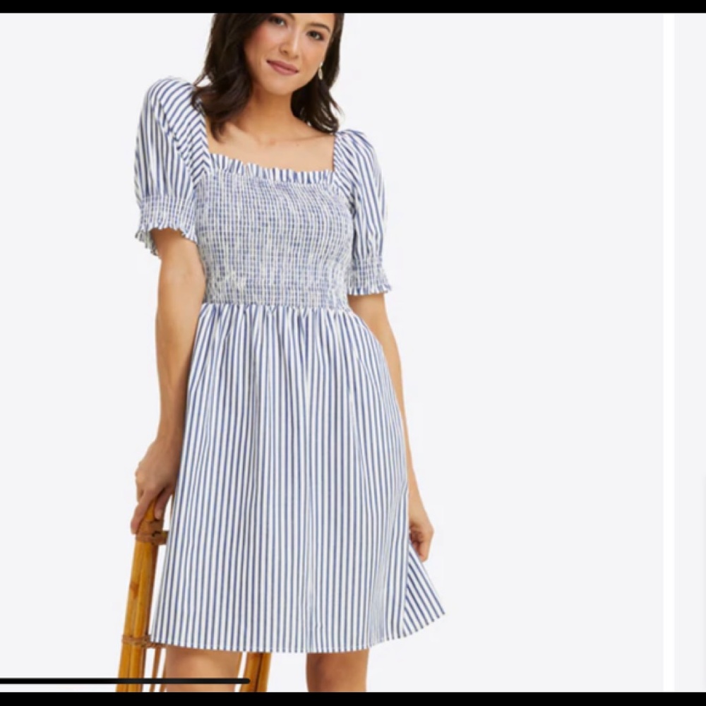 Cam Smocked Dress in Blue Shirting Stripe size smalll